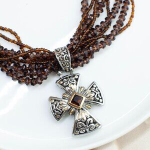 MX Multi Strand Brown Glass Bead Cross Necklace 17”